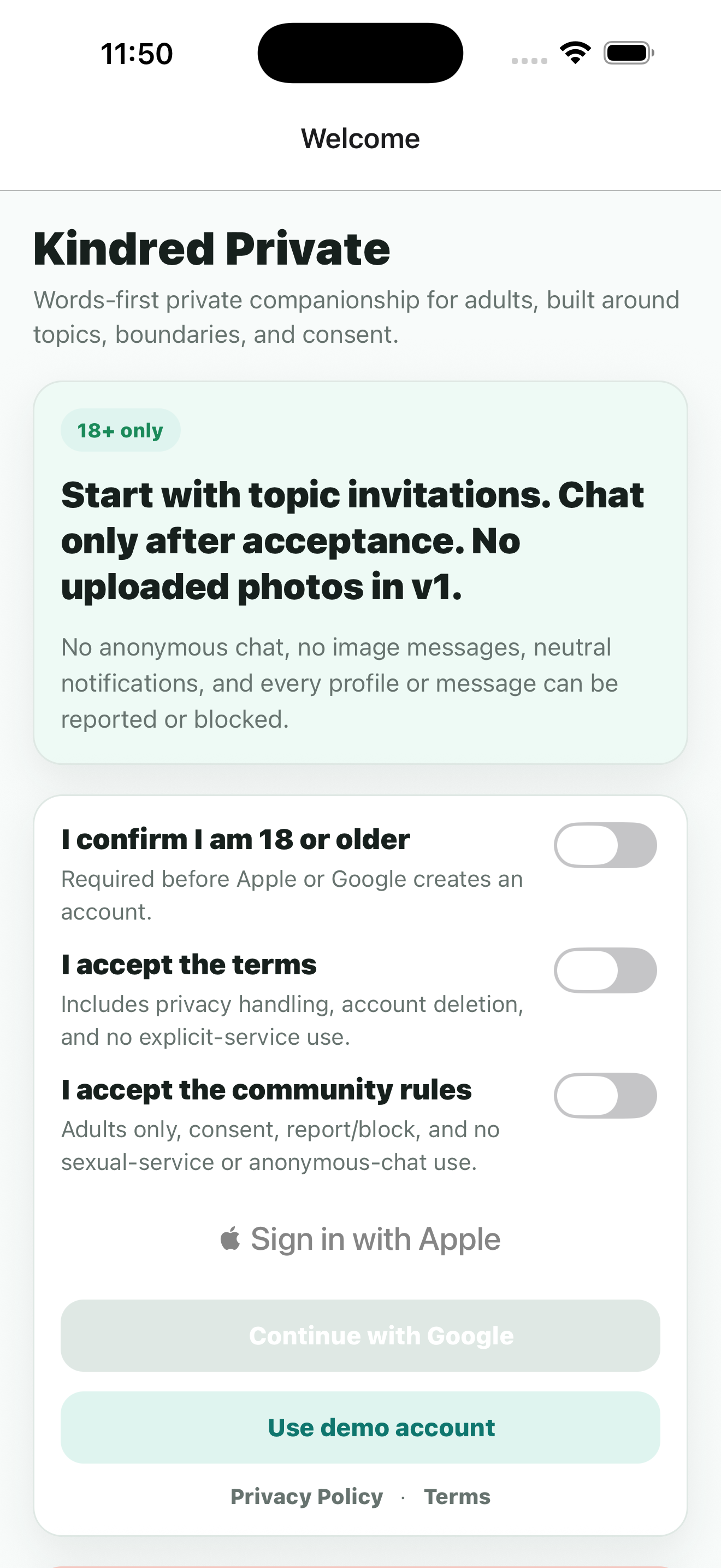 Kindred Private adult sign-in and consent screen