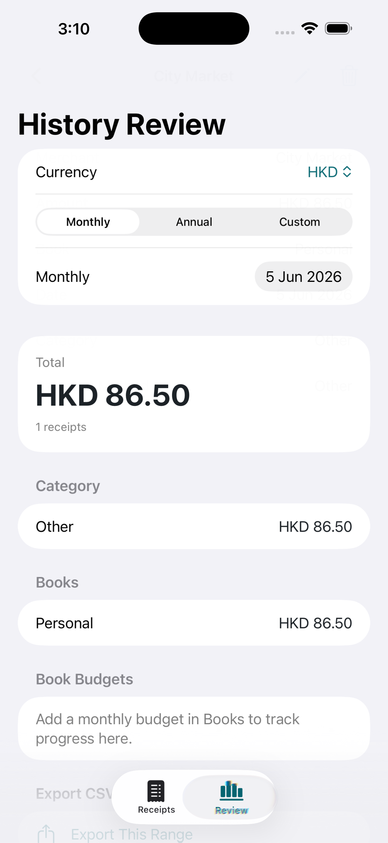 Photo Receipt Book review and export screen